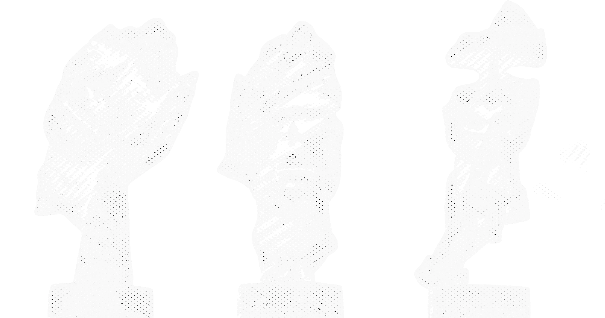 Three halftone sculptures of heads, each with a hand raised over the face